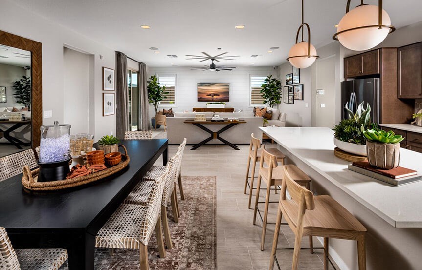 Sage Azure model great room dining kitchen by Brookfield Residential at Alamar community in Avondale, AZ